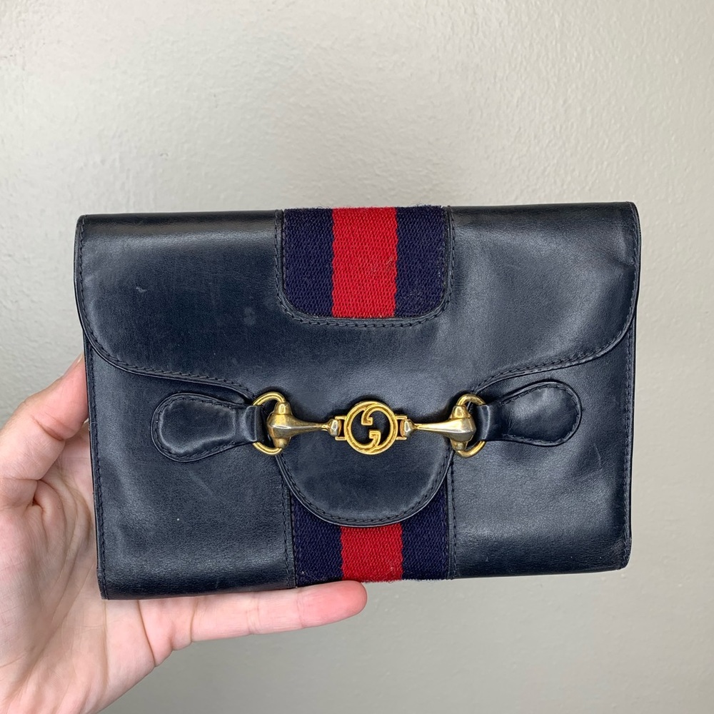Gucci Navy Web Horsebit Sherry Clutch
